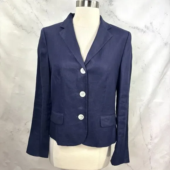 Lauren Ralph Lauren Navy Linen Blazer Jacket Coat Womens 10 P Lined Officecore - Picture 5 of 15